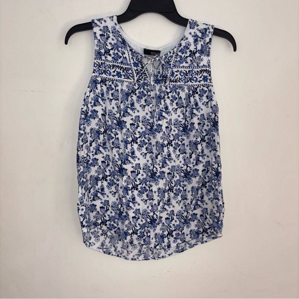 Renuar Blue Floral Sleeveless Tie Neck Blouse Size Small
